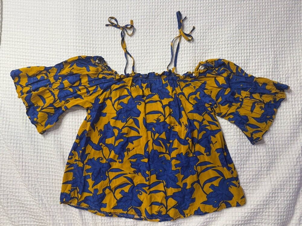 H&M Conscious Blouse Size 2 Blue Yellow Off The Shoulder Women Floral Flowy Boho